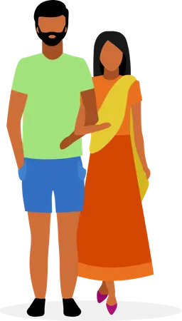 Indian Couple Flat Vector Illustration Woman In Sari Dhoti And Bearded Man In Casual Style Clothes Cartoon Characters Isolated On White Background Traditional Hindu Wife And Husband Holding Hands Illustration