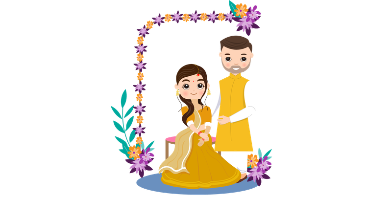 Indian couple attending Haldi event dressed in yellow  Illustration