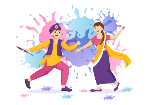 Indian couple celebrating Holi  Illustration