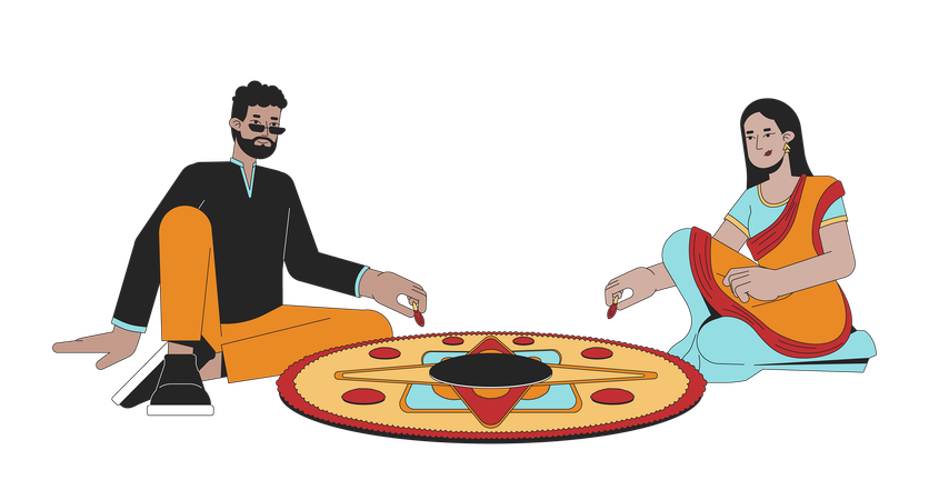 Indian couple creating rangoli  일러스트레이션