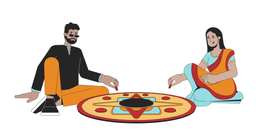 Indian couple creating rangoli  Illustration