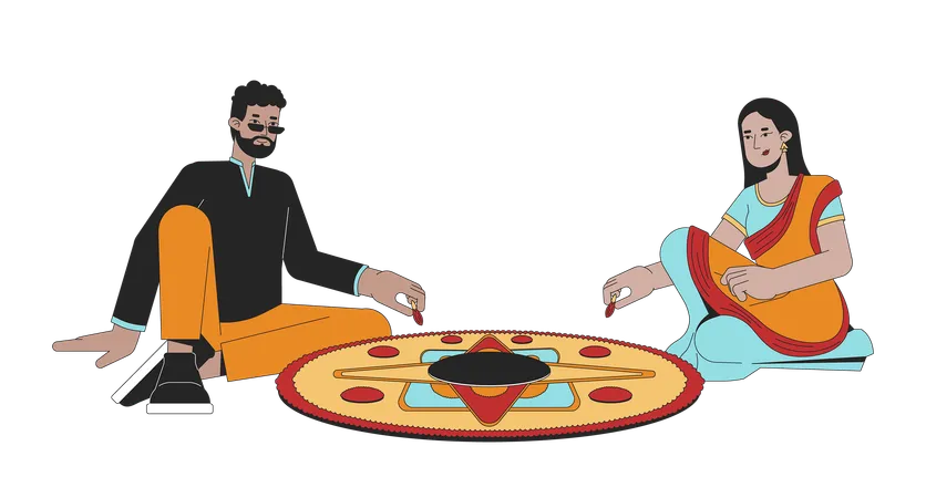 Indian couple creating rangoli  Illustration