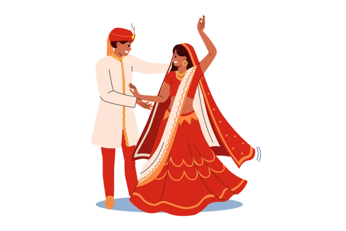 Indian Couple Dances Wedding Dance In National Clothes Performing Traditional Rite Of Hindi Culture Wedding Ceremony Of Indian Bride And Groom Rejoicing In Creation Of New Family Illustration