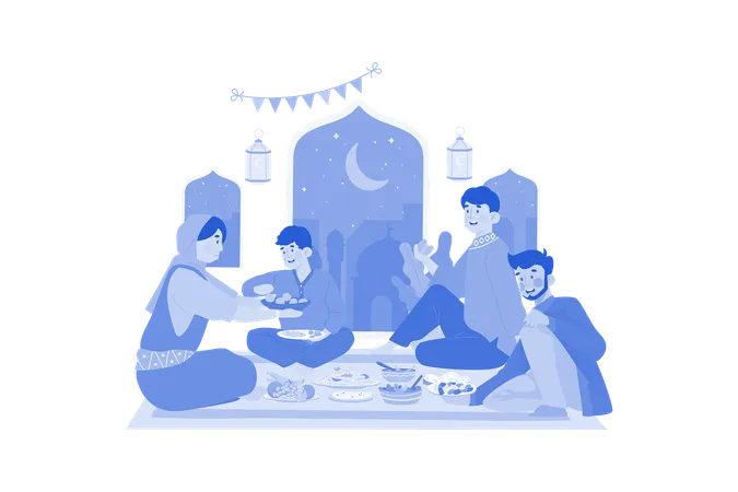 Indian Families Have A Dinner Party On Diwali Festival Illustration