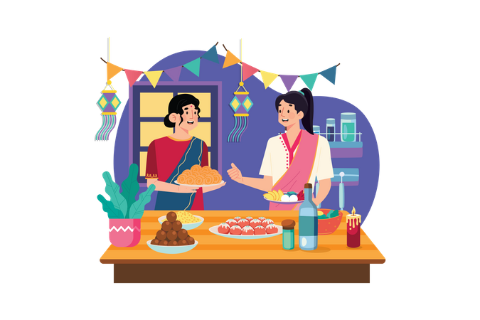 Indian couple enjoying Diwali sweets Illustration