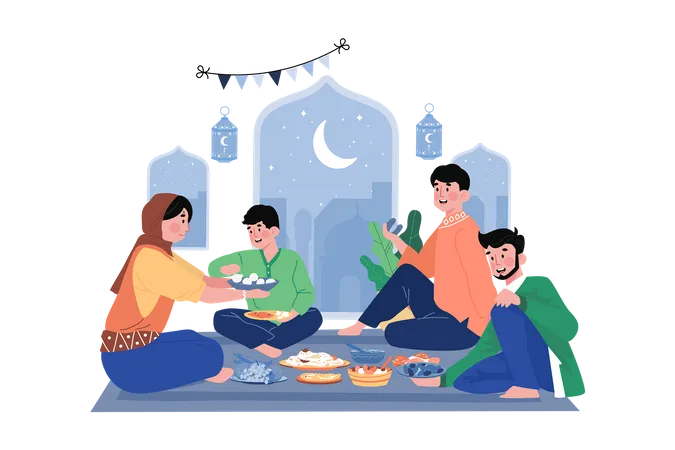 Indian Families Have A Dinner Party On Diwali Festival Illustration