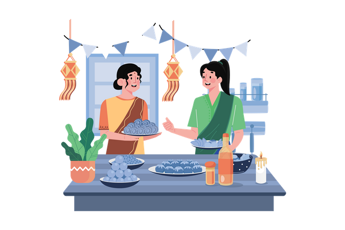 Indian couple enjoying Diwali sweets  Illustration