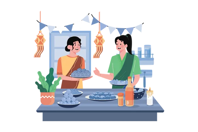 Indian couple enjoying Diwali sweets  イラスト
