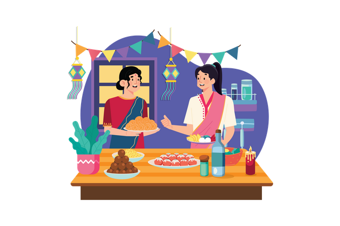 Indian couple enjoying Diwali sweets  Illustration