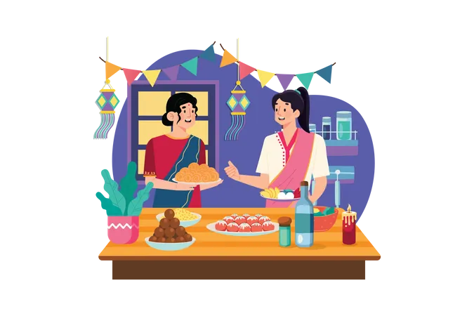 Indian couple enjoying Diwali sweets  Illustration