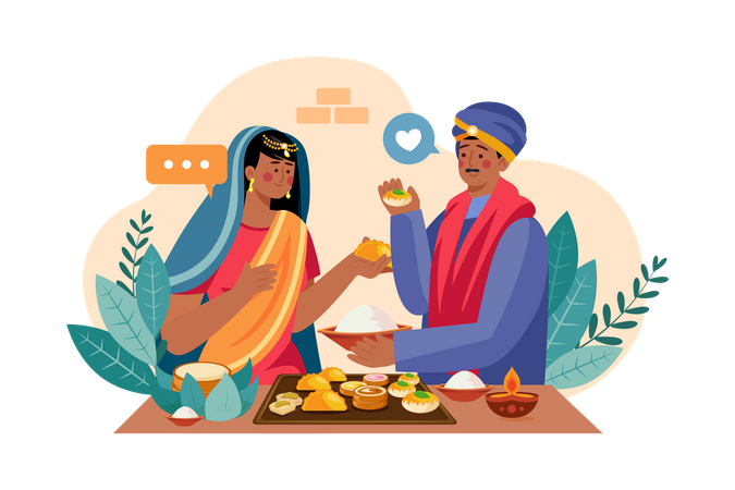 Indian couple enjoying Diwali sweets  Illustration