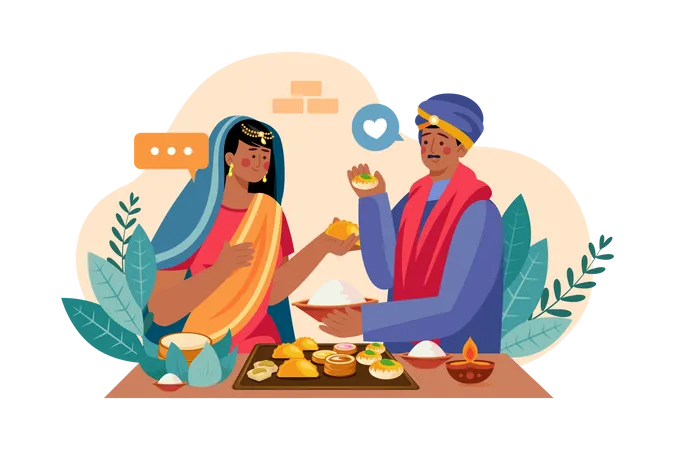 Indian couple enjoying Diwali sweets  Illustration