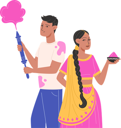 Indian couple enjoying holi festival  Illustration