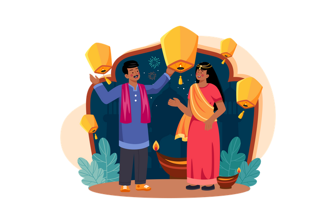 Indian couple flying Diwali lantern into the sky Illustration