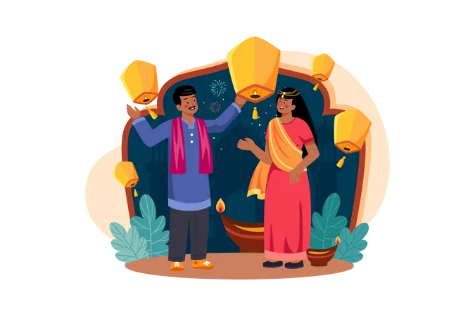 Indian couple flying Diwali lantern into the sky  Illustration