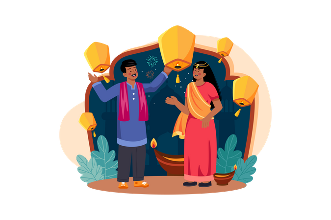 Indian couple flying Diwali lantern into the sky  Illustration