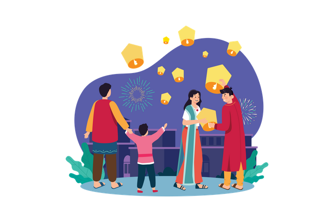 Indian couple flying Diwali lantern into the sky  イラスト
