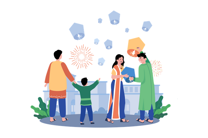 Indian couple flying Diwali lantern into the sky  イラスト