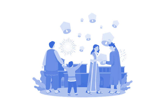 Indian couple flying Diwali lantern into the sky  イラスト