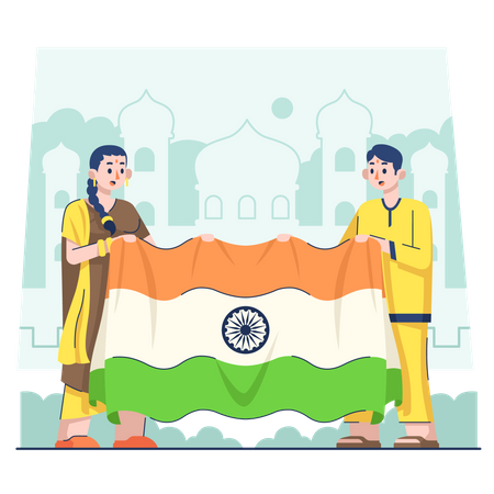 Indian couple holding flag  Illustration