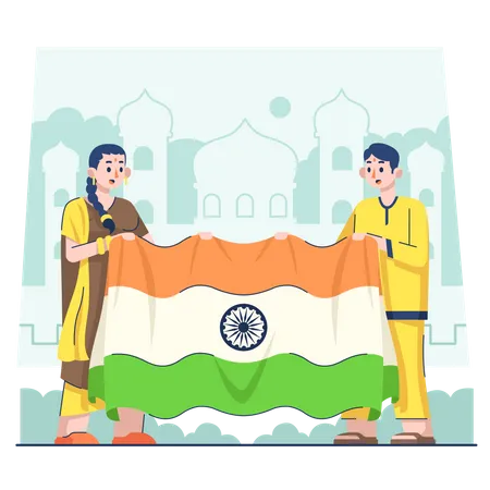 Indian couple holding flag  Illustration