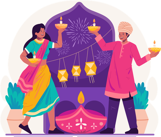 Indian couple in traditional clothing holding lit oil lamps  イラスト
