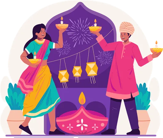 Indian Couple In Traditional Clothing Holding Lit Oil Lamps Or Diya To Celebrate Diwali Festival Of Lights Illustration
