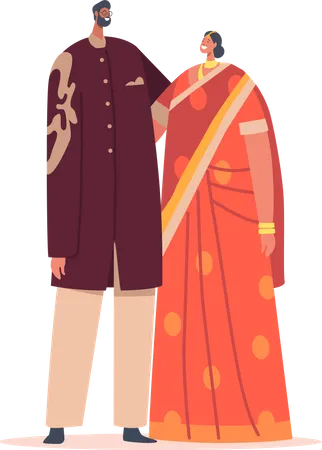 Indian Couple Marriage Celebration, Happy Bearded Groom and Bride Characters Wedding Ceremony, Newlywed Illustration