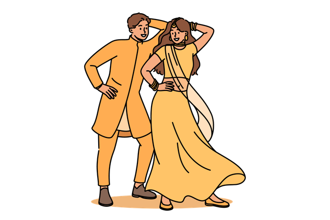 Indian couple performing ritual dance  Illustration