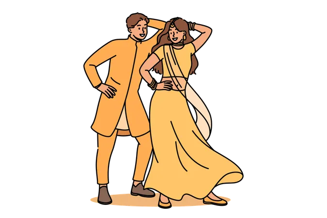 Indian couple performing ritual dance  Illustration