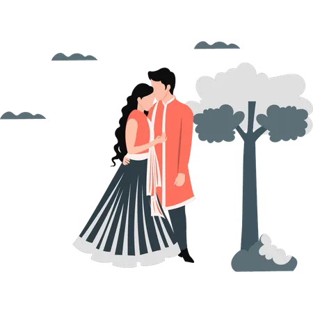 Indian Couple Is Posing Lovingly Outdoors Illustration