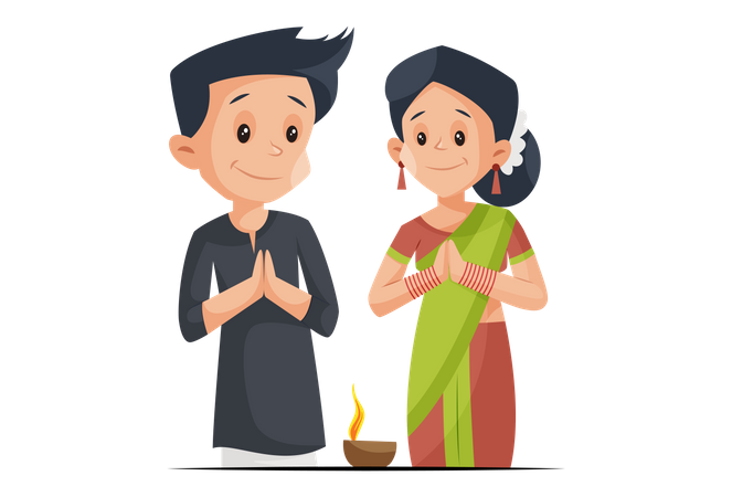 Indian couple with Namaste pose with Diya on Diwali festival  Illustration