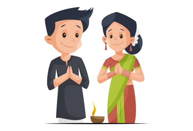 Indian couple with Namaste pose with Diya on Diwali festival  Illustration