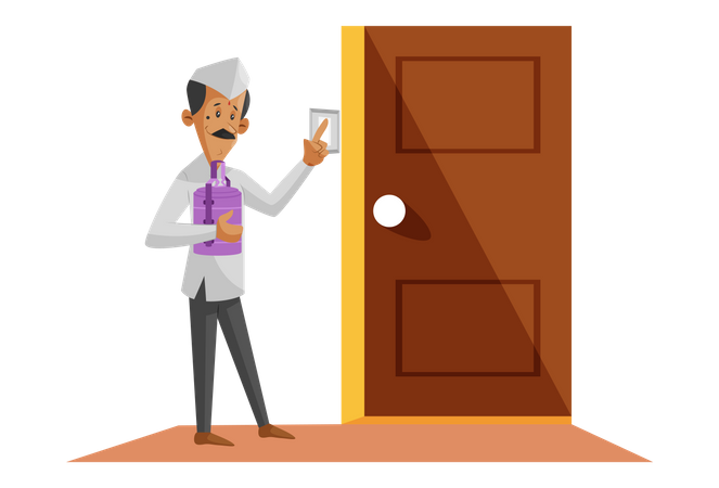 Indian Dabbawala delivering food tiffin at home  Illustration