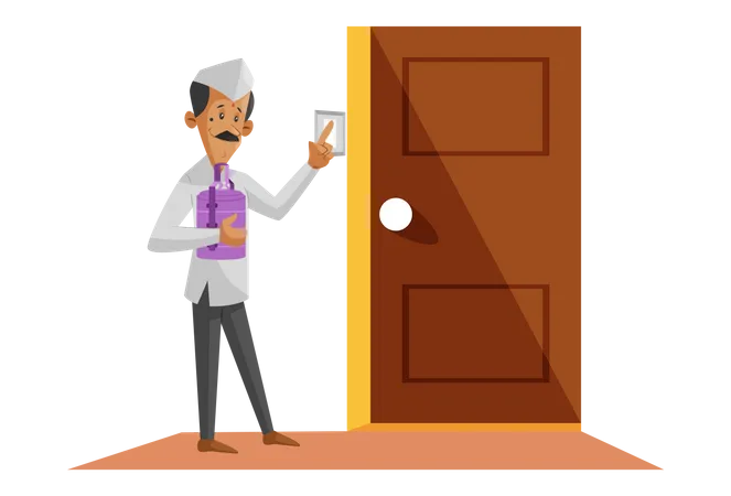 Indian Dabbawala delivering food tiffin at home  Illustration