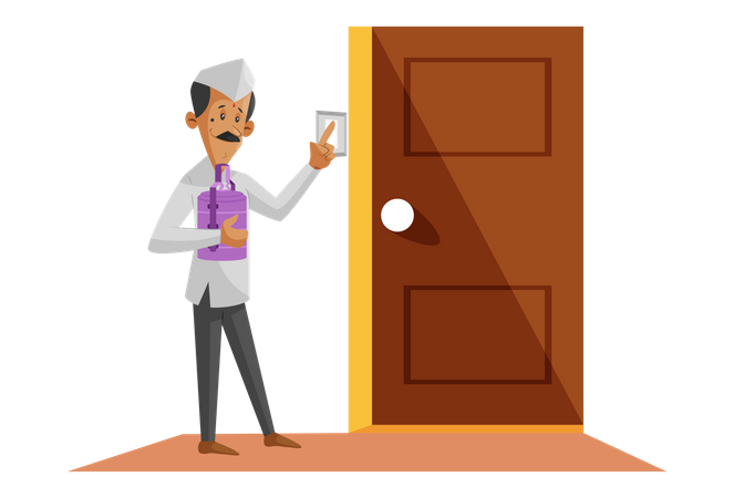 Indian Dabbawala delivering food tiffin at home  Illustration
