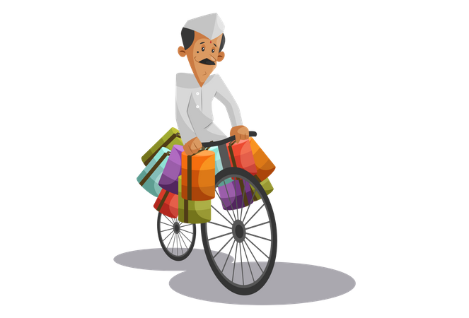 Indian Dabbawala delivering tiffin boxes on cycle  Illustration