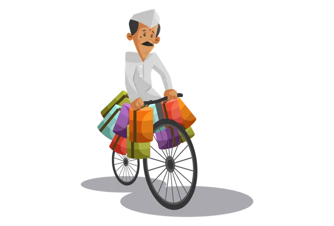 Indian Dabbawala delivering tiffin boxes on cycle  Illustration