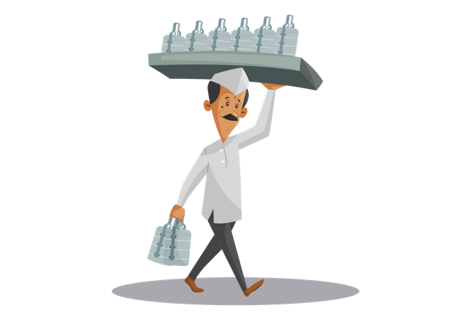 Indian Dabbawala holding food tiffins on shoulder and hand  Illustration