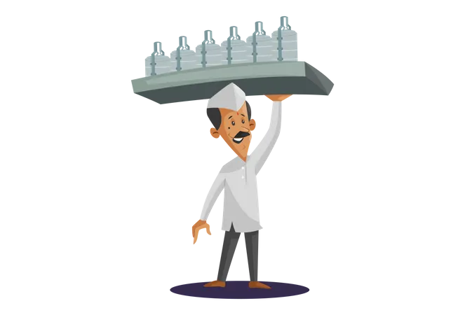 Indian Dabbawala holding food tiffins tray on  hand for delivery  Illustration