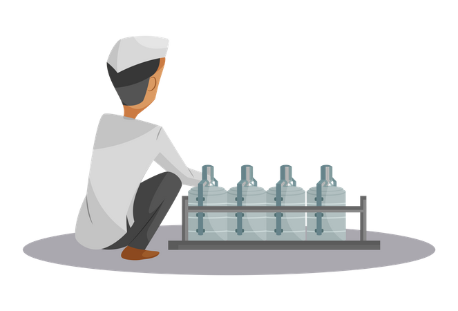 Indian Dabbawala seating with food tiffin tray  Illustration