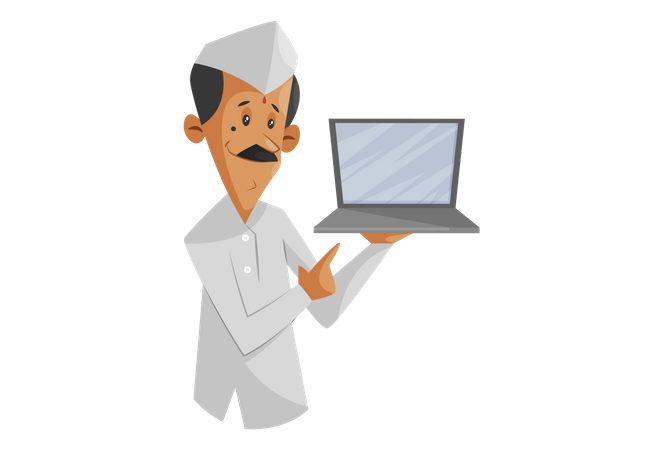 Indian Dabbawala showing Laptop as Placing an order for tiffin at the online concept  Illustration