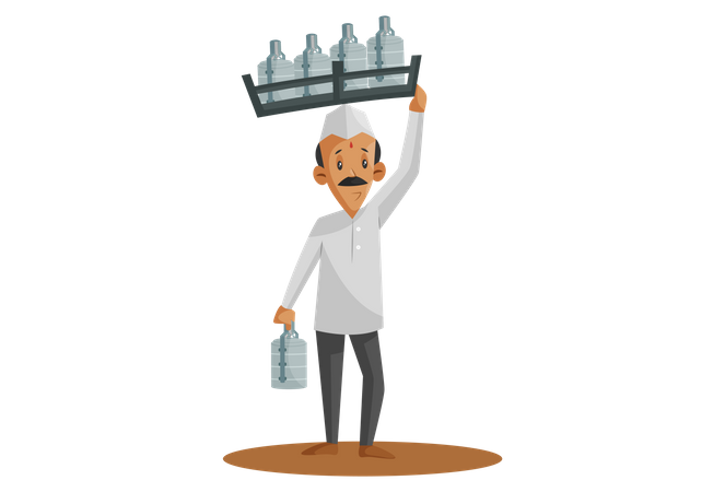 Indian Dabbawala walking carrying food tiffins on head and hand  Illustration