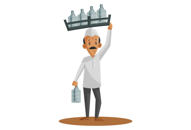 Indian Dabbawala walking carrying food tiffins on head and hand  Illustration