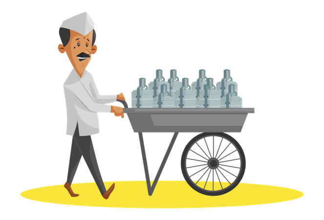 Indian Dabbawala with hand trolley full of food tiffins  Illustration