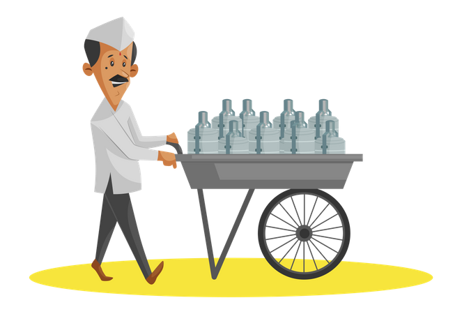 Indian Dabbawala with hand trolley full of food tiffins  Illustration