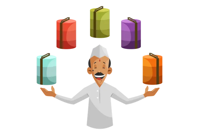 Indian Dabbawala with multi tiffin as tiffin service  Illustration