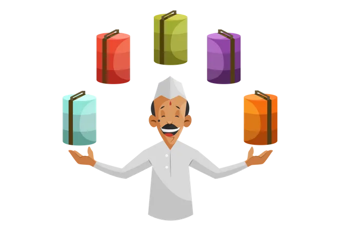 Indian Dabbawala with multi tiffin as tiffin service Illustration