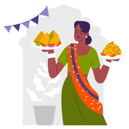 Indian Dishes prepared by woman  Illustration