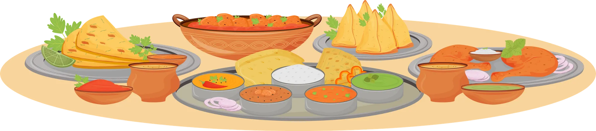 Indian dishes serving Illustration